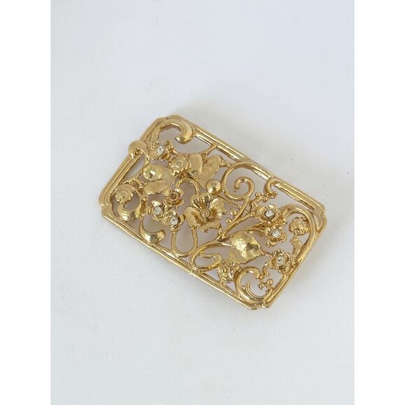 Vintage Goldtone Floral and Leaf Rectangle Brooch - Picture 5 of 6